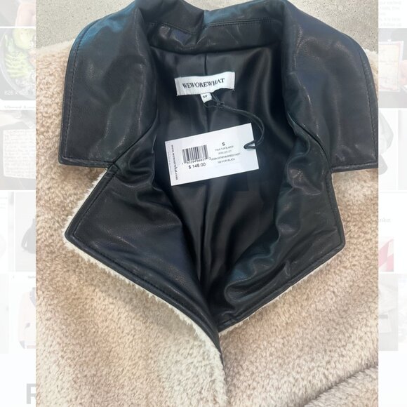 NWT $148 REVOLVE We Wore What faux fur sherpa leather blazer Small  Ivory /black - Picture 3 of 4